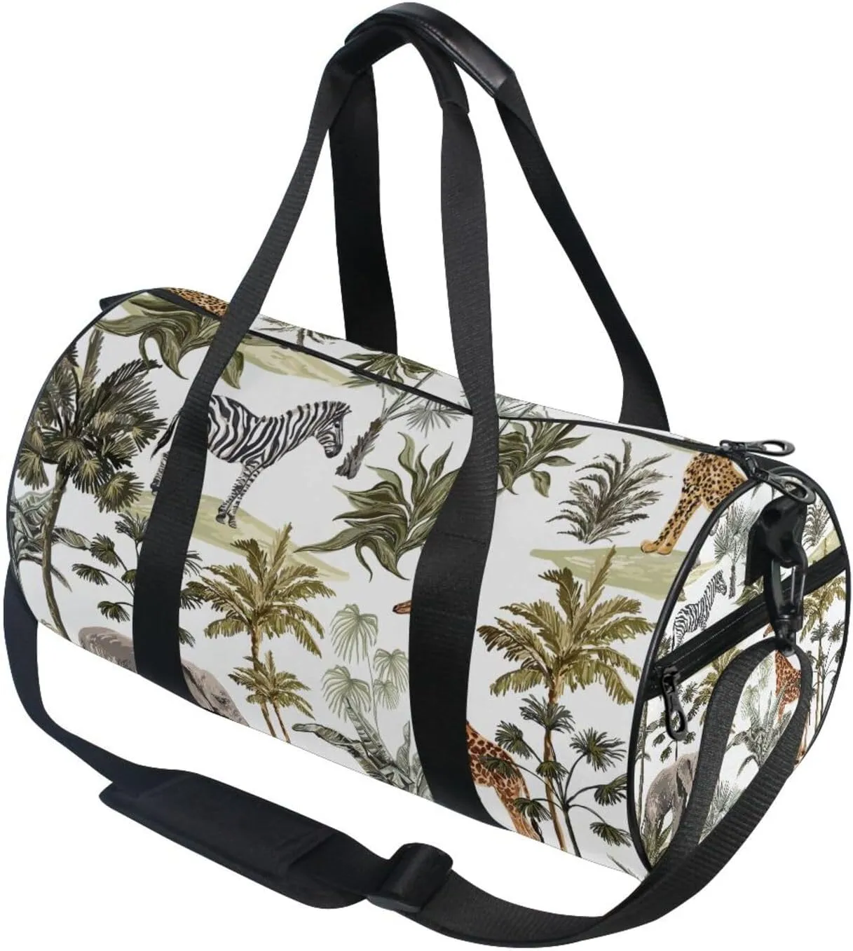 Tropical Hawaiian Palm Trees, Zebra, Giraffe, Elephant, Leopard on White Portable Gym Bag, Travel Bag, Luggage bag, Sports Bag, Toiletry Bag with Handles, Detachable Shoulder Strap 17.6 x 9 x 9 inch