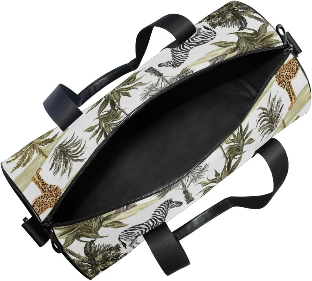 Tropical Hawaiian Palm Trees, Zebra, Giraffe, Elephant, Leopard on White Portable Gym Bag, Travel Bag, Luggage bag, Sports Bag, Toiletry Bag with Handles, Detachable Shoulder Strap 17.6 x 9 x 9 inch