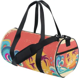 Tropical Palm Trees Blue Great Ocean Waves Sunset Retro Orange Portable Gym Bag, Travel Bag, Luggage bag, Sports Bag, Toiletry Bag with Handles, Detachable Shoulder Strap 17.6 x 9 x 9 inch