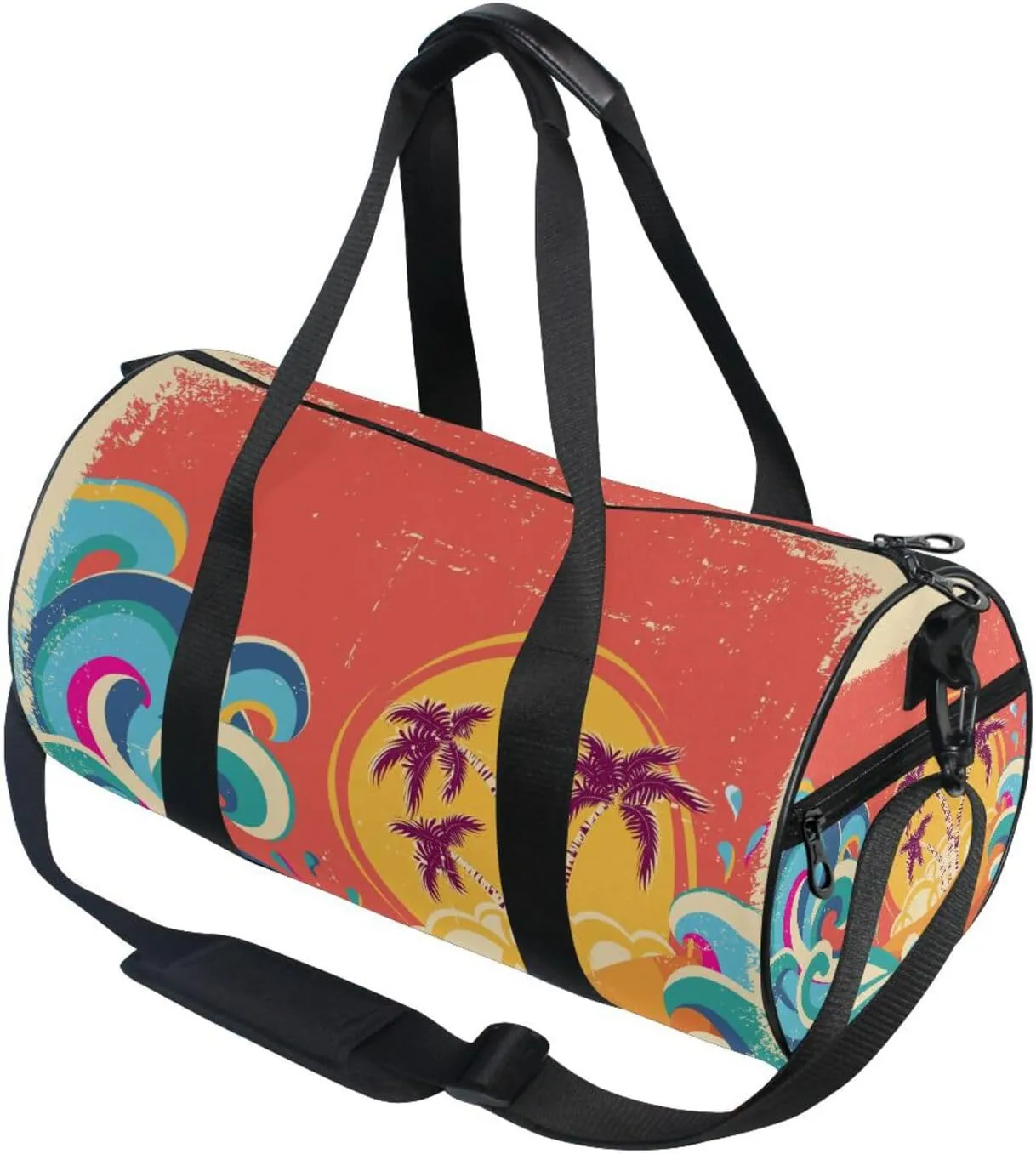 Tropical Palm Trees Blue Great Ocean Waves Sunset Retro Orange Portable Gym Bag, Travel Bag, Luggage bag, Sports Bag, Toiletry Bag with Handles, Detachable Shoulder Strap 17.6 x 9 x 9 inch