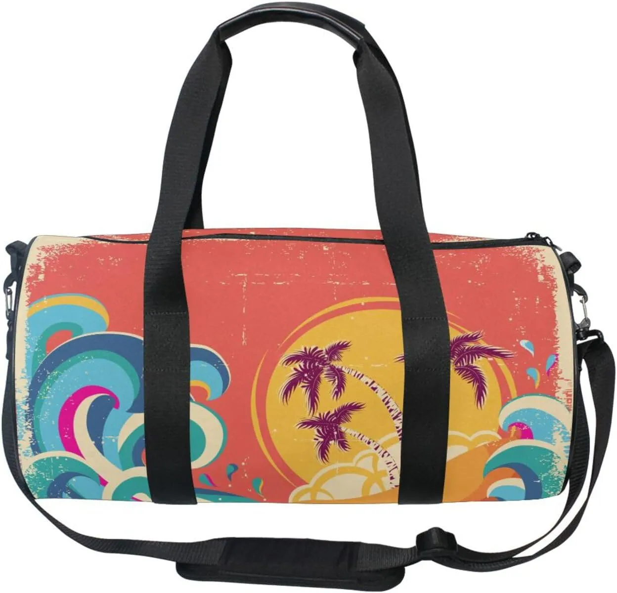 Tropical Palm Trees Blue Great Ocean Waves Sunset Retro Orange Portable Gym Bag, Travel Bag, Luggage bag, Sports Bag, Toiletry Bag with Handles, Detachable Shoulder Strap 17.6 x 9 x 9 inch