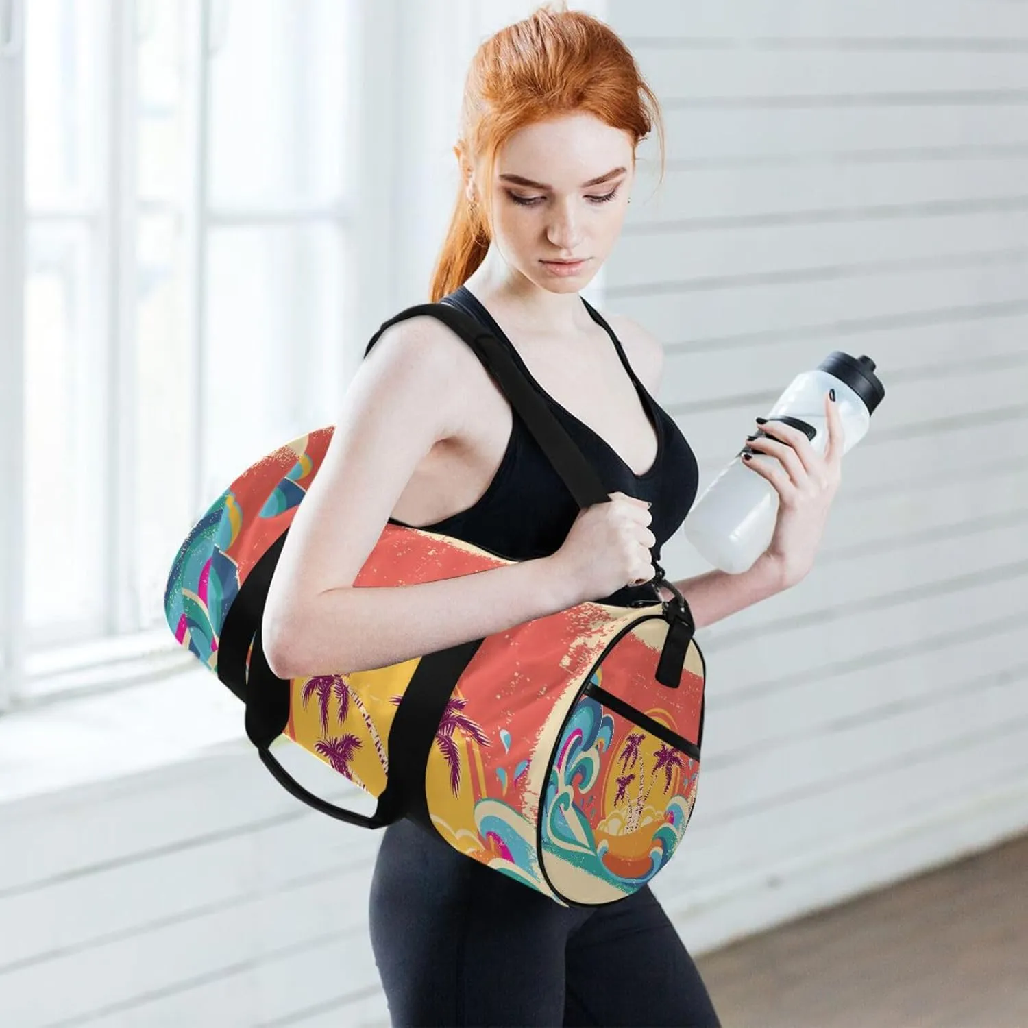 Tropical Palm Trees Blue Great Ocean Waves Sunset Retro Orange Portable Gym Bag, Travel Bag, Luggage bag, Sports Bag, Toiletry Bag with Handles, Detachable Shoulder Strap 17.6 x 9 x 9 inch