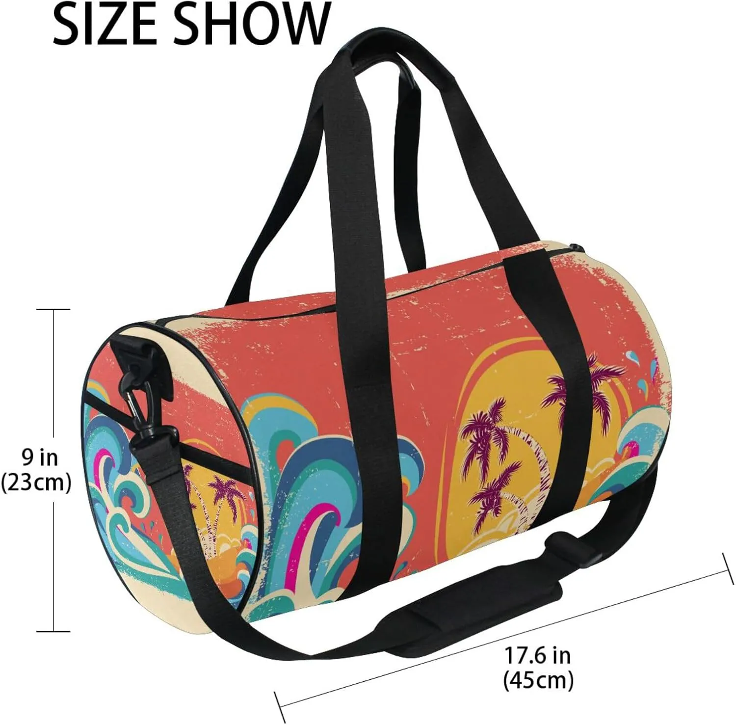 Tropical Palm Trees Blue Great Ocean Waves Sunset Retro Orange Portable Gym Bag, Travel Bag, Luggage bag, Sports Bag, Toiletry Bag with Handles, Detachable Shoulder Strap 17.6 x 9 x 9 inch