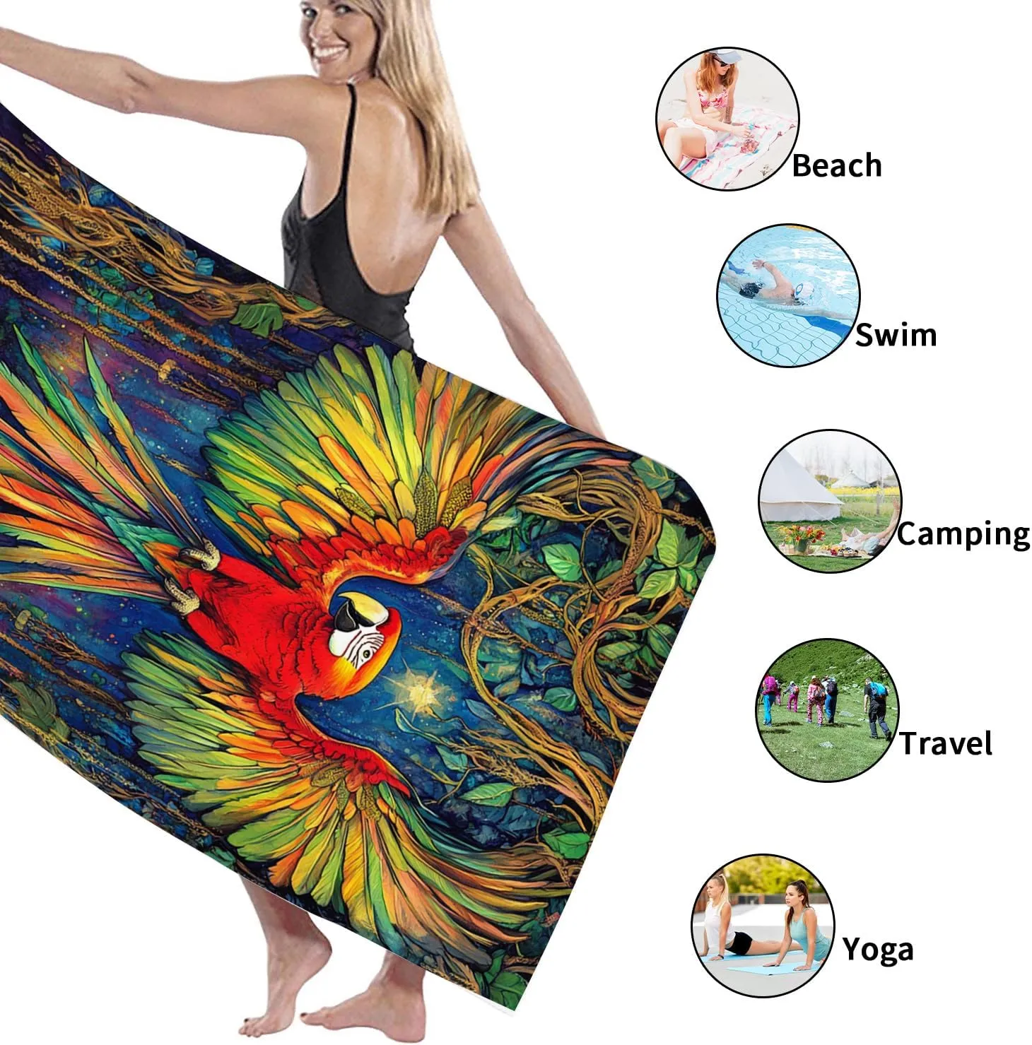 Tropical Parrot Microfiber Beach Towel Colorful Macaw Design Quick Dry Absorbent Sand Free Lightweight Beach Blanket, Vacation Pool Picnic Essentials 62x31 Inch