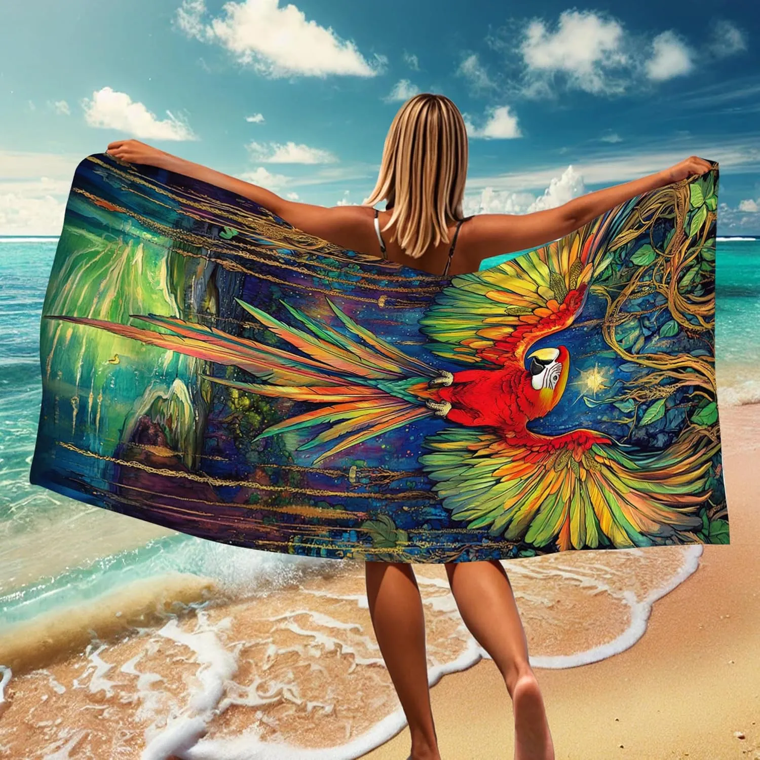 Tropical Parrot Microfiber Beach Towel Colorful Macaw Design Quick Dry Absorbent Sand Free Lightweight Beach Blanket, Vacation Pool Picnic Essentials 62x31 Inch