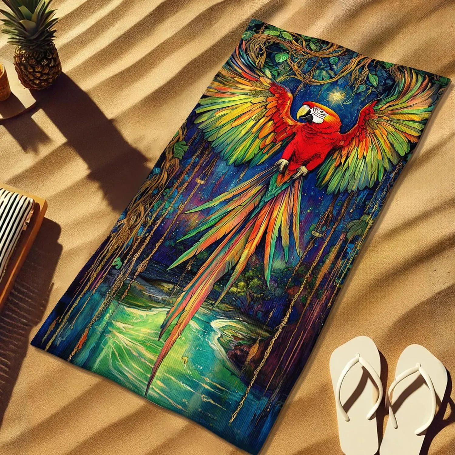 Tropical Parrot Microfiber Beach Towel Colorful Macaw Design Quick Dry Absorbent Sand Free Lightweight Beach Blanket, Vacation Pool Picnic Essentials 62x31 Inch