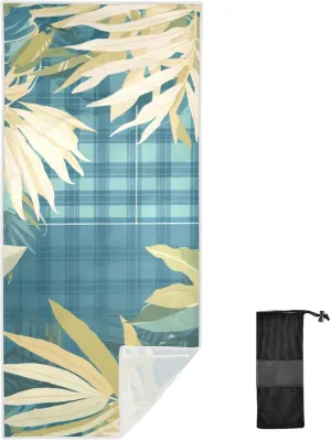 Tropical Style Blue Plaid Green Leaves Towels Beach Theme 31" x 70" Sand Free Quick Dry Adult Beach Towels Oversized Sand Repellent Anti Essentials Accessories