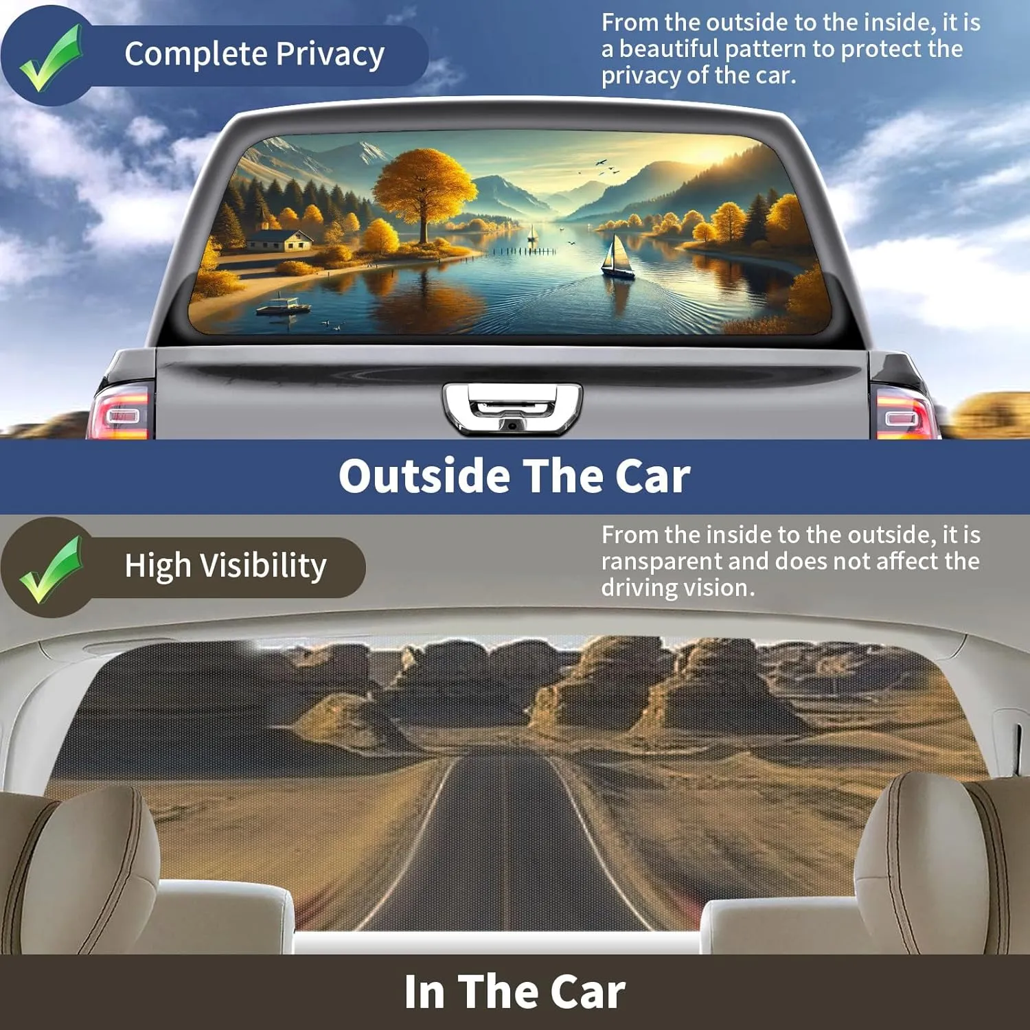 Truck Rear Window Decal One Way See Through Perforated Sticker Pickup Truck Back Window Graphic Waterproof Vinyl Wrap Rear Windshield Film Auto Vehicle Glass Sticker SUV Cars Sunny Fall Field ﻿