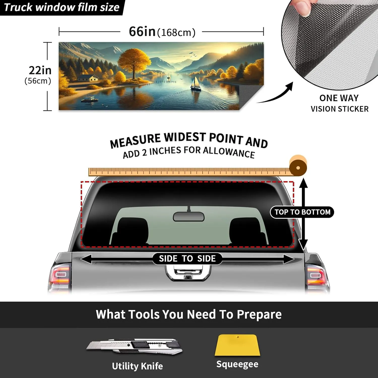 Truck Rear Window Decal One Way See Through Perforated Sticker Pickup Truck Back Window Graphic Waterproof Vinyl Wrap Rear Windshield Film Auto Vehicle Glass Sticker SUV Cars Sunny Fall Field ﻿