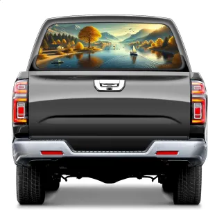 Truck Rear Window Decal One Way See Through Perforated Sticker Pickup Truck Back Window Graphic Waterproof Vinyl Wrap Rear Windshield Film Auto Vehicle Glass Sticker SUV Cars Sunny Fall Field ﻿