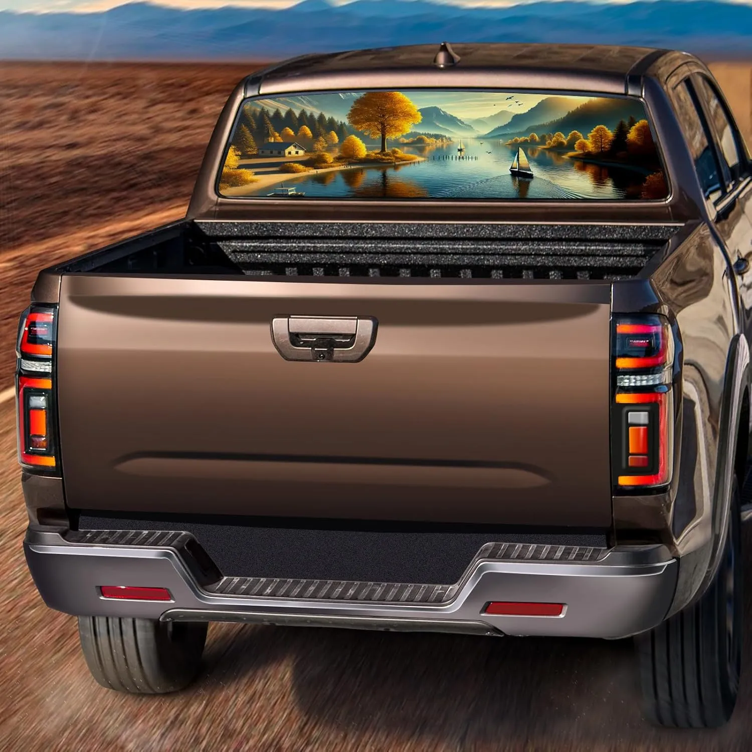 Truck Rear Window Decal One Way See Through Perforated Sticker Pickup Truck Back Window Graphic Waterproof Vinyl Wrap Rear Windshield Film Auto Vehicle Glass Sticker SUV Cars Sunny Fall Field ﻿