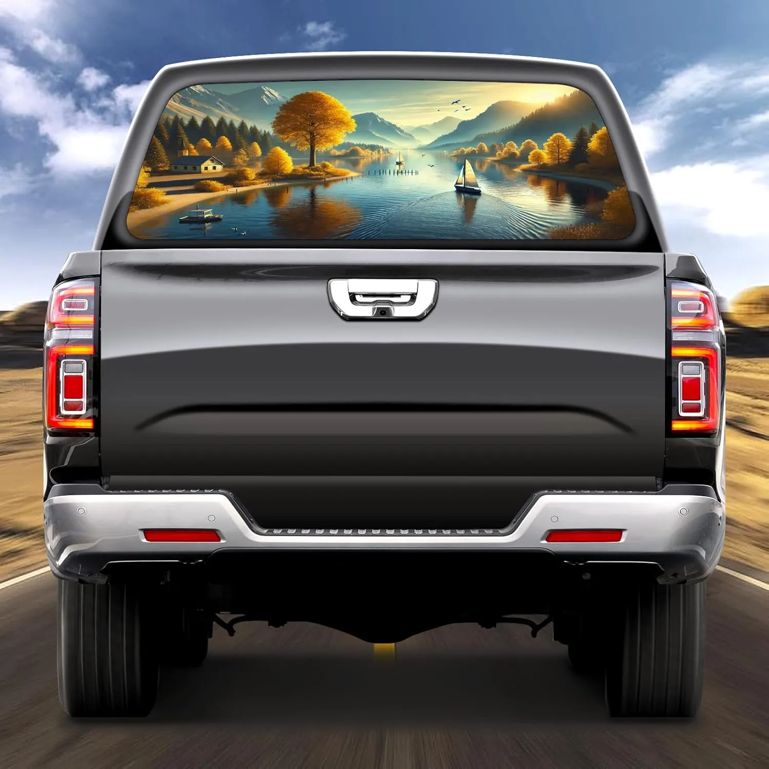Truck Rear Window Decal One Way See Through Perforated Sticker Pickup Truck Back Window Graphic Waterproof Vinyl Wrap Rear Windshield Film Auto Vehicle Glass Sticker SUV Cars Sunny Fall Field ﻿