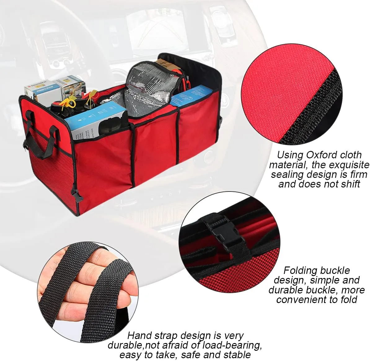 Trunk Organizer - Large Capacity Cargo Storage with Insulation Cooler, Foldable for Cars, Vehicles, SUVs, Trucks, Automotive Interior Organizer (Red)
