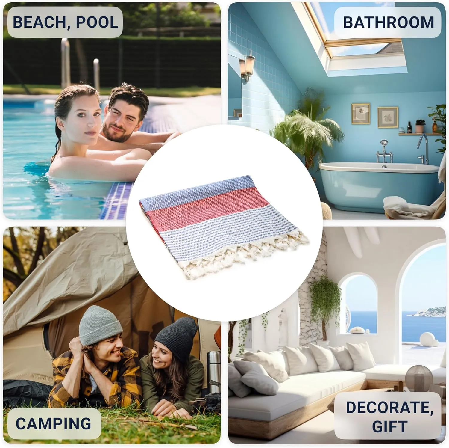 Turkish Beach Towel (71x39 Inches), Converts to a Bag, Oversized 100% Cotton Bath Towels Lightweight Quick-Dry Beach Blanket for Travel, Picnic, Camping, Yoga and Pool (Red x Navy Blue)