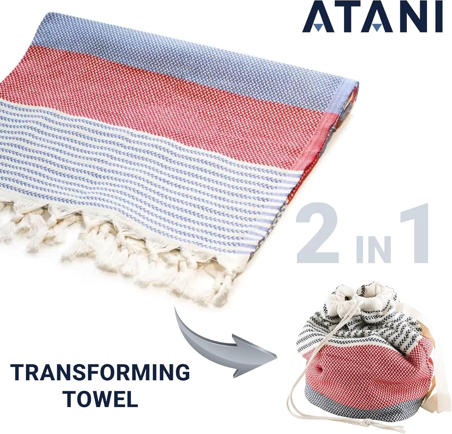 Turkish Beach Towel (71x39 Inches), Converts to a Bag, Oversized 100% Cotton Bath Towels Lightweight Quick-Dry Beach Blanket for Travel, Picnic, Camping, Yoga and Pool (Red x Navy Blue)