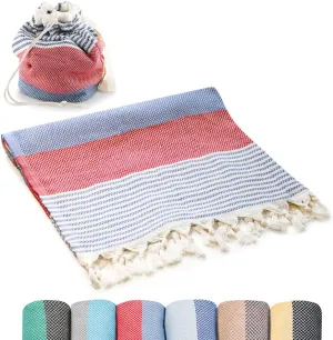 Turkish Beach Towel (71x39 Inches), Converts to a Bag, Oversized 100% Cotton Bath Towels Lightweight Quick-Dry Beach Blanket for Travel, Picnic, Camping, Yoga and Pool (Red x Navy Blue)