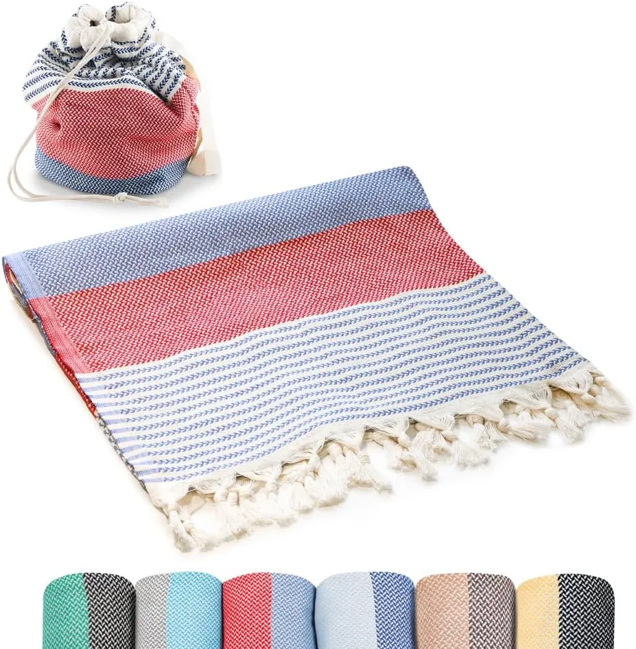 Turkish Beach Towel (71x39 Inches), Converts to a Bag, Oversized 100% Cotton Bath Towels Lightweight Quick-Dry Beach Blanket for Travel, Picnic, Camping, Yoga and Pool (Red x Navy Blue)