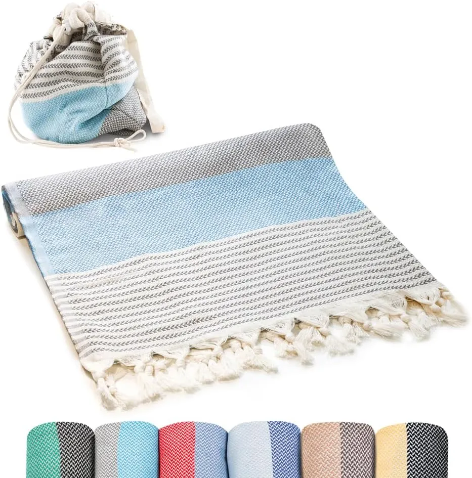 Turkish Beach Towel (71x39 Inches), Converts to a Bag, Oversized 100% Cotton Bath Towels Lightweight Quick-Dry Beach Blanket for Travel, Picnic, Camping, Yoga and Pool(Grey x Turquise)