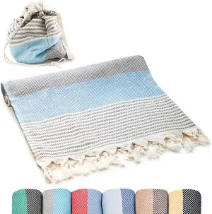 Turkish Beach Towel (71x39 Inches), Converts to a Bag, Oversized 100% Cotton Bath Towels Lightweight Quick-Dry Beach Blanket for Travel, Picnic, Camping, Yoga and Pool(Grey x Turquise)