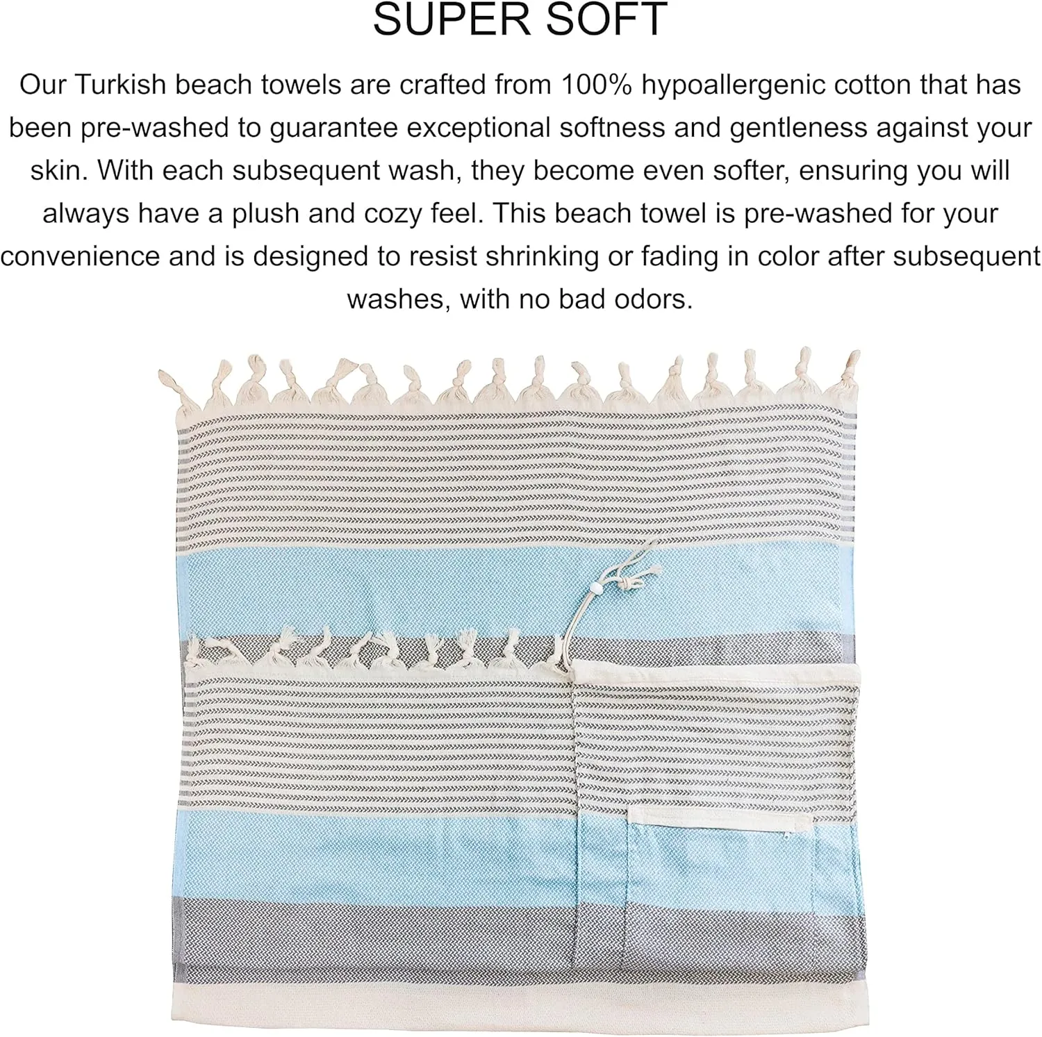 Turkish Beach Towel (71x39 Inches), Converts to a Bag, Oversized 100% Cotton Bath Towels Lightweight Quick-Dry Beach Blanket for Travel, Picnic, Camping, Yoga and Pool(Grey x Turquise)