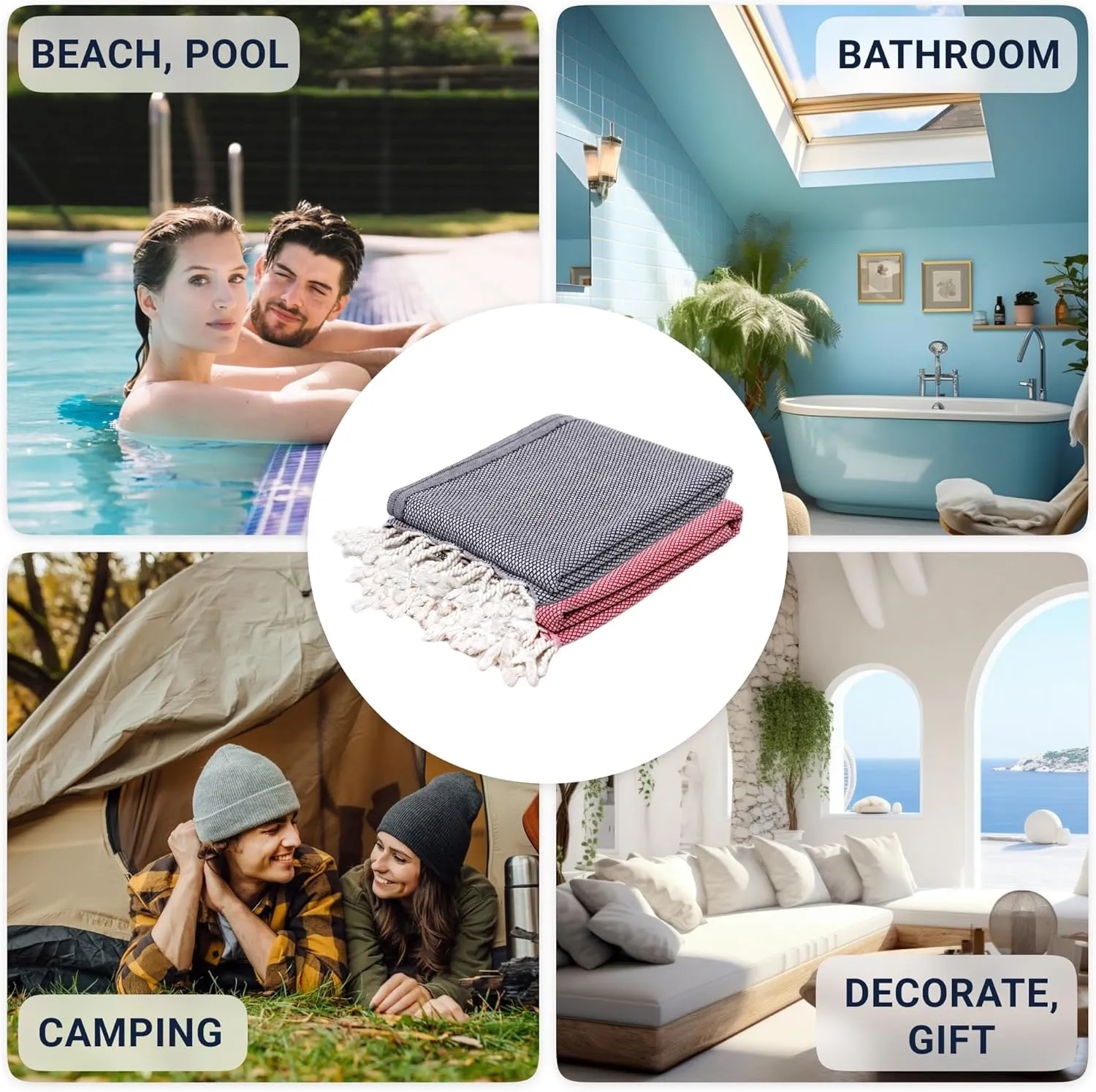 Turkish Beach Towel Pack of 2 (69x35 Inches), Oversized 100% Cotton Bath Towels Lightweight Quick-Dry Beach Blanket for Travel, Picnic, Camping, Yoga and Pool(Black Red)