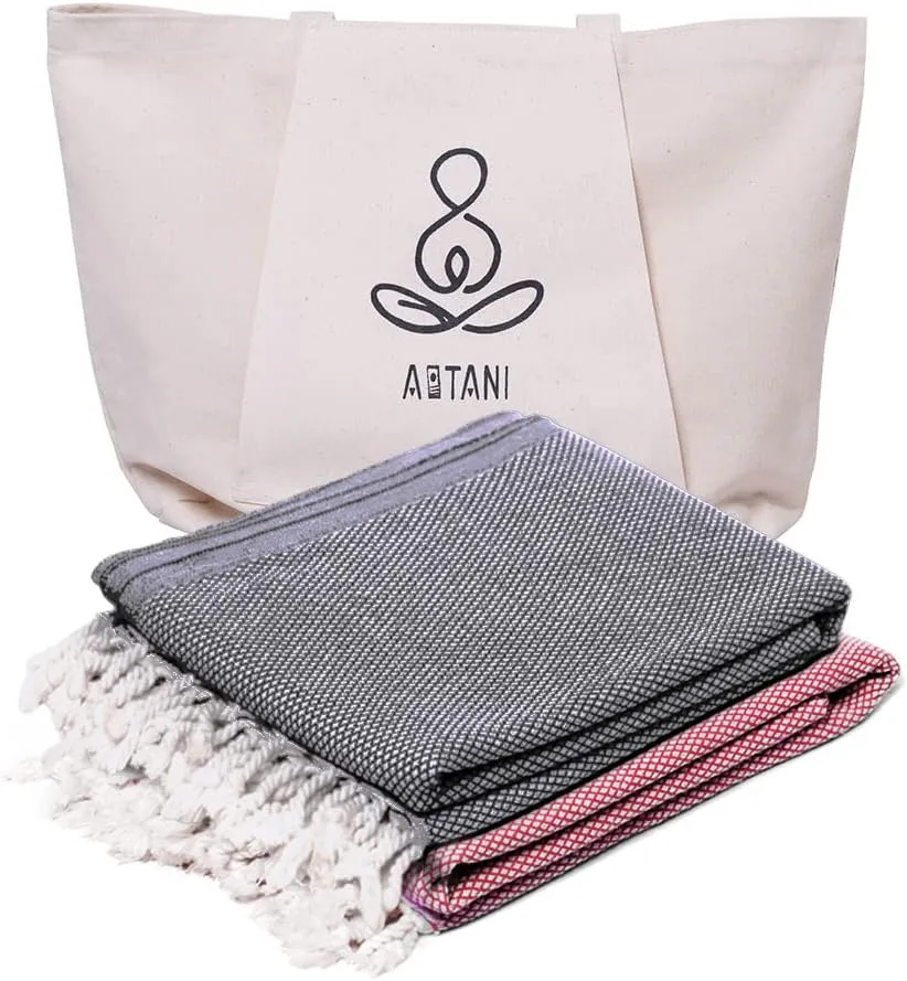 Turkish Beach Towel Pack of 2 (69x35 Inches), Oversized 100% Cotton Bath Towels Lightweight Quick-Dry Beach Blanket for Travel, Picnic, Camping, Yoga and Pool(Black Red)