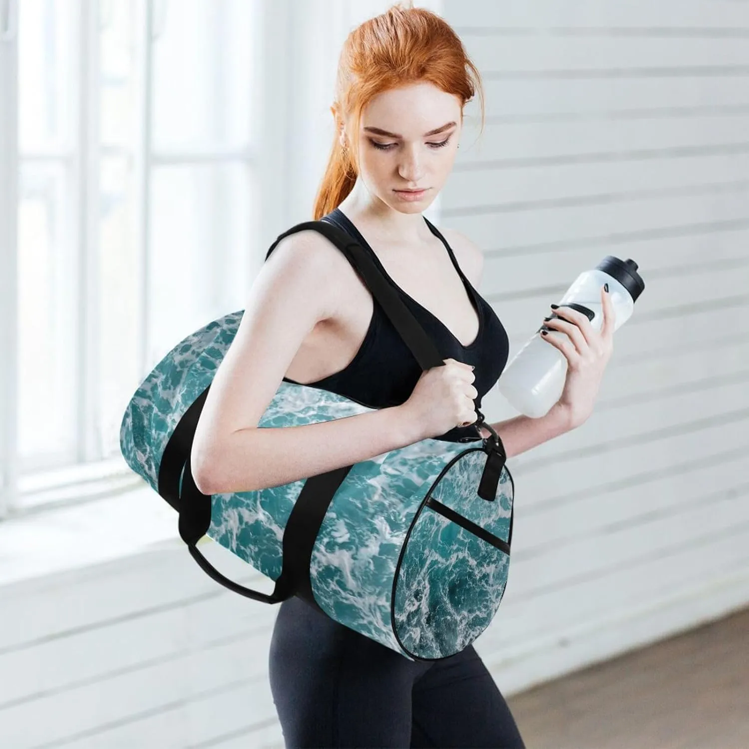 Turquoise Ocean Wavy Surface Water Splashes Close Up Portable Gym Bag, Travel Bag, Luggage bag, Sports Bag, Toiletry Bag with Handles, Detachable Shoulder Strap 17.6 x 9 x 9 inch