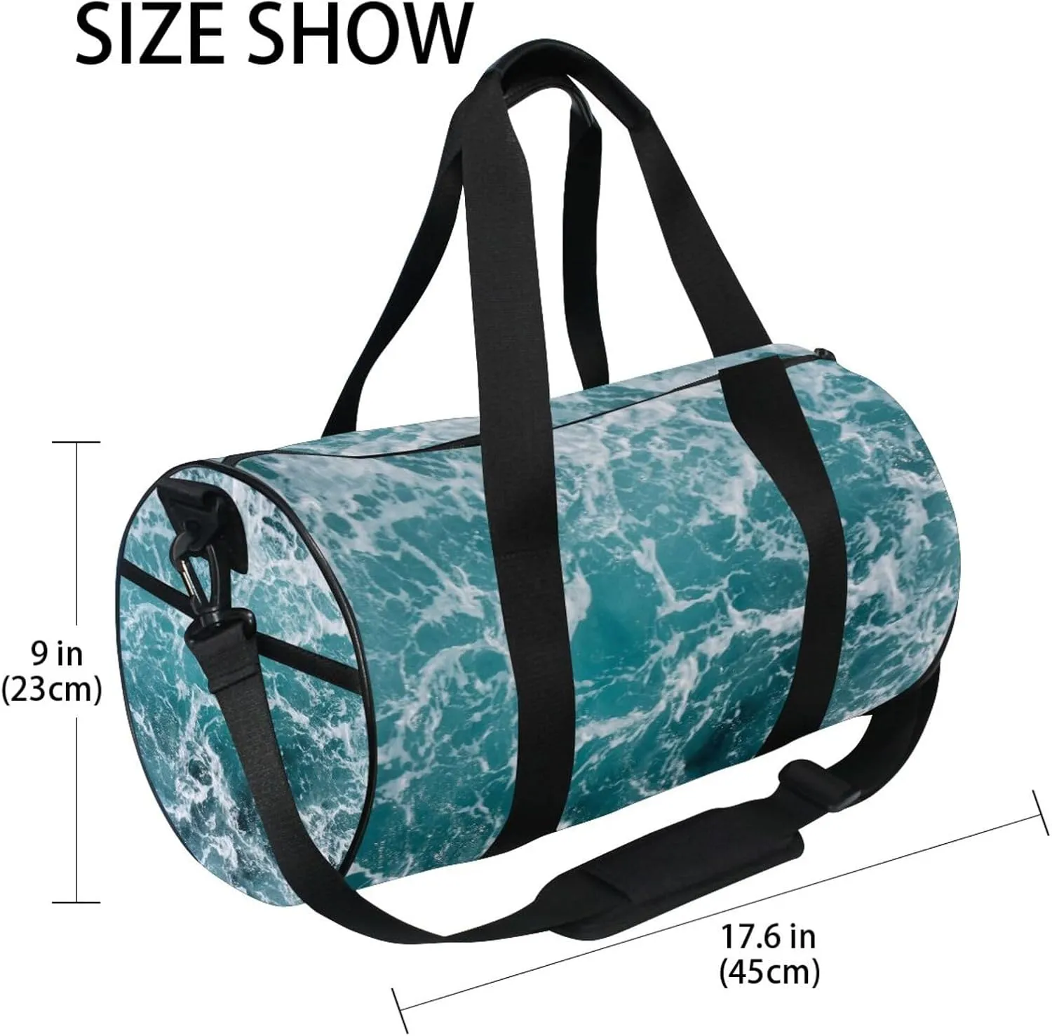Turquoise Ocean Wavy Surface Water Splashes Close Up Portable Gym Bag, Travel Bag, Luggage bag, Sports Bag, Toiletry Bag with Handles, Detachable Shoulder Strap 17.6 x 9 x 9 inch