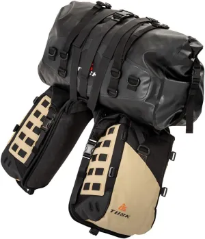 TUSK Highland X2 Rackless Luggage System w/Medium Dry Duffel Tail Bag Standard Heat Shield Black/Tan for KTM 890 Adventure R Rally 2021,2024