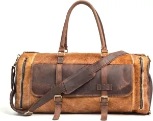 Tuzech Vintage Leather Hairon men's Travel Duffle luggage bag with Shoe Pouch, Professional Gym Bag,Sports Soft Shell Overnight Weekend Brown Color (Hairon Light Brown)