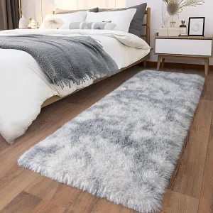 Ultra Soft Runner Rugs with Upgraded Non-Slip Rubber Backing & Thick Memory Sponge, 2x6 Feet Fluffy Shag Throw Area Rug for Bedroom Hallway Living Room Tie-dye Light Grey