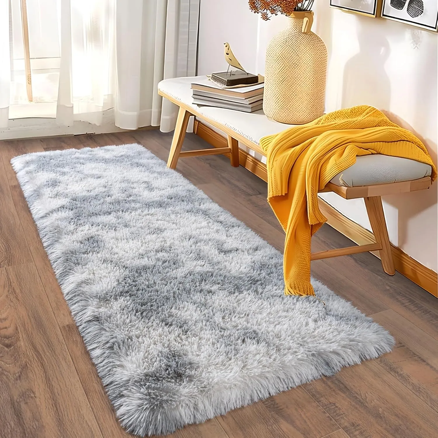 Ultra Soft Runner Rugs with Upgraded Non-Slip Rubber Backing & Thick Memory Sponge, 2x6 Feet Fluffy Shag Throw Area Rug for Bedroom Hallway Living Room Tie-dye Light Grey