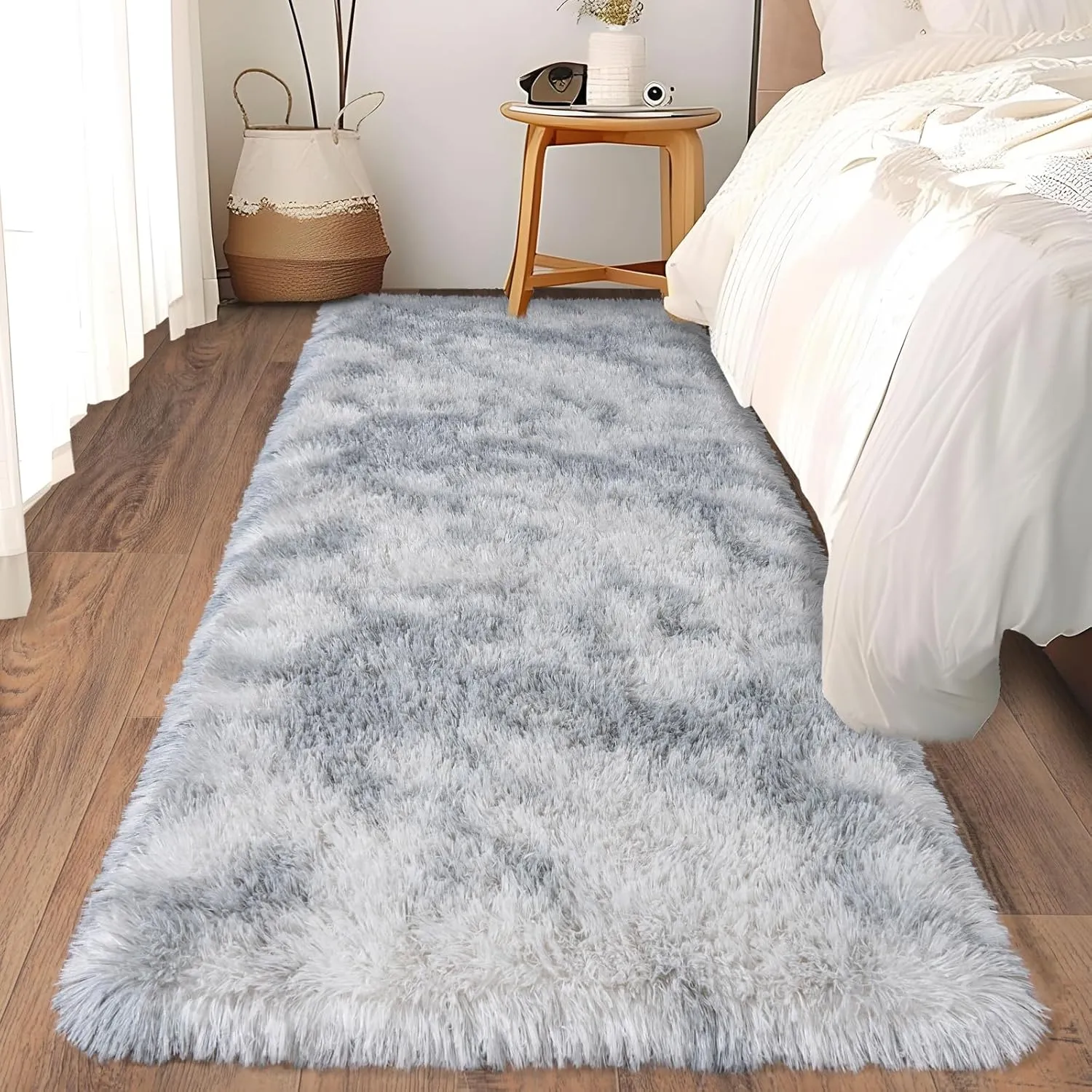 Ultra Soft Runner Rugs with Upgraded Non-Slip Rubber Backing & Thick Memory Sponge, 2x6 Feet Fluffy Shag Throw Area Rug for Bedroom Hallway Living Room Tie-dye Light Grey