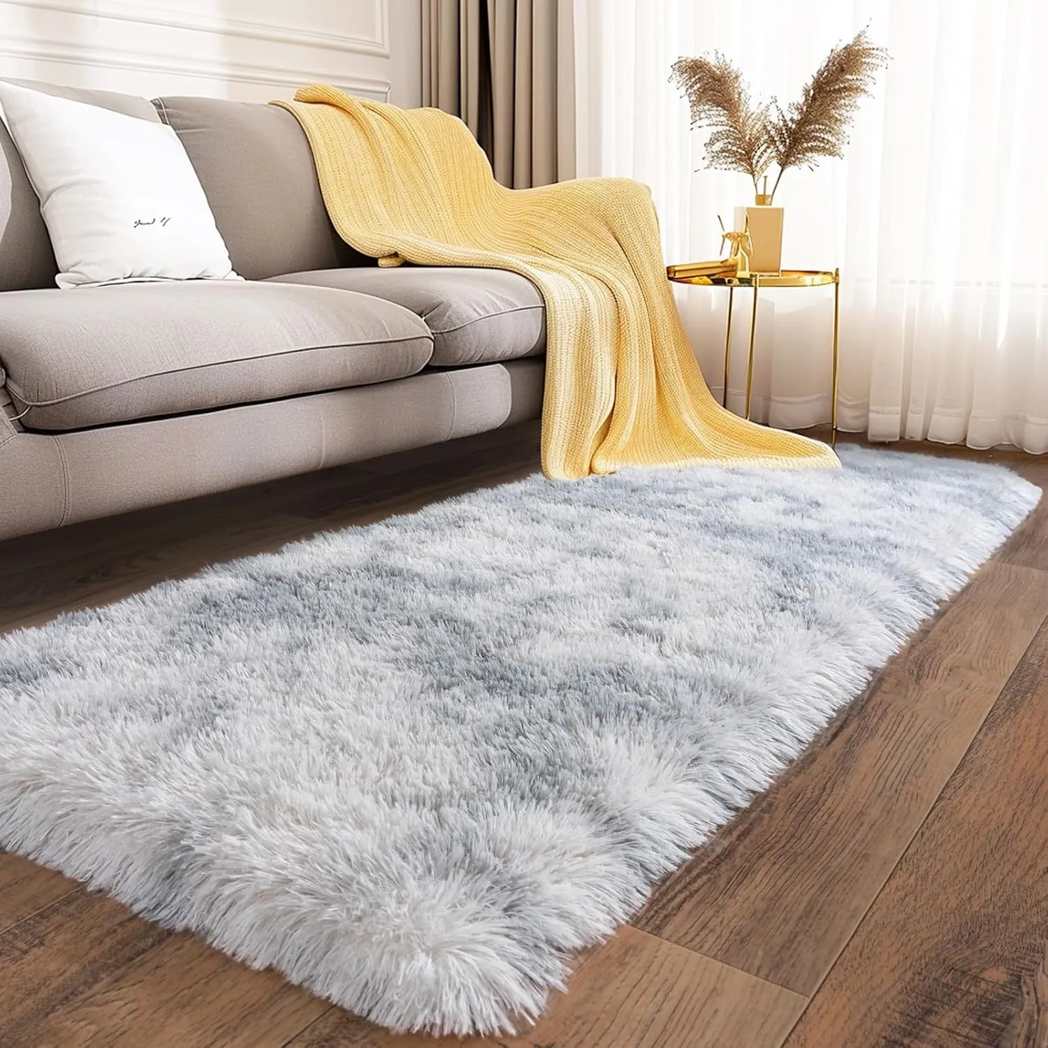 Ultra Soft Runner Rugs with Upgraded Non-Slip Rubber Backing & Thick Memory Sponge, 2x6 Feet Fluffy Shag Throw Area Rug for Bedroom Hallway Living Room Tie-dye Light Grey