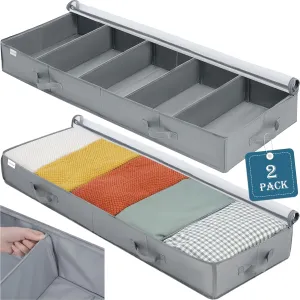 Under Bed Storage Containers, 2 Pack Under the Bed Bags with Dividers, Clear Foldable Underbed Storage Bins, Under Bed Organizer for Clothes Sheet Blankets, Firm Sides, Bottom Support, 47.5x16x6in