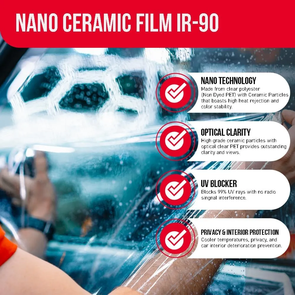 United 20" x 100'Ft 10% Nano Ceramic Car Window Tint Roll - High Heat Rejection, UV/IR Rays Block, Lifetime Color Stability