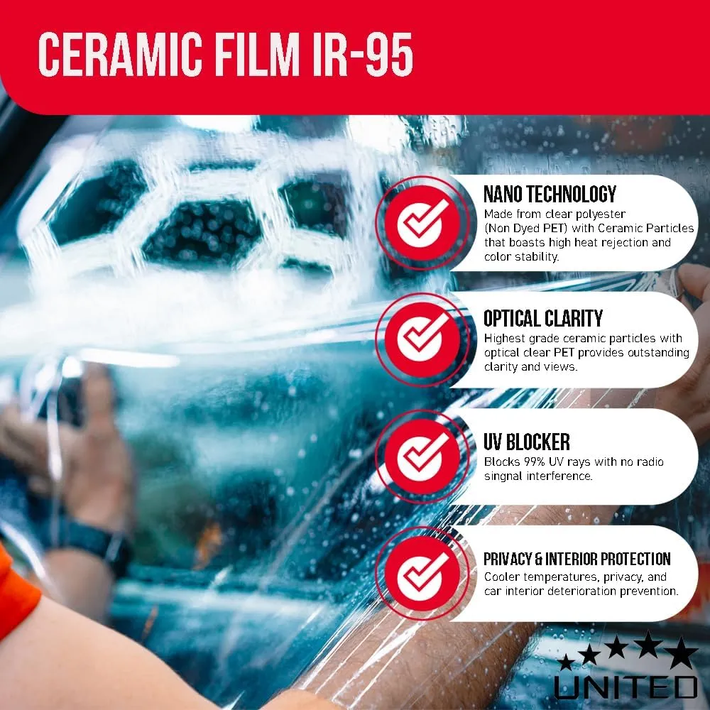 United Ceramic Window Tint Car 20In x100Ft 2Ply Nano Ceramic IR-95 with 5% VLT - Outstanding Clarity and Views Window Tint for Car Home Blocks UV/IR Rays, Adhesive Film with Lifetime Color Stability
