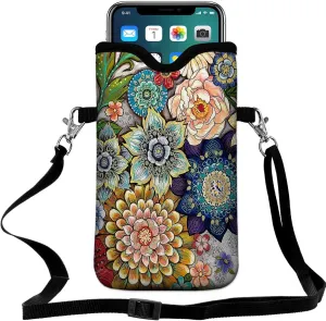 Universal Neoprene Cell Phone Pouch 7.1 X 4 in Mobile Protection Case Bag with Crossbody Strap/Neck Lanyard Mandala Flower Printed Pattern