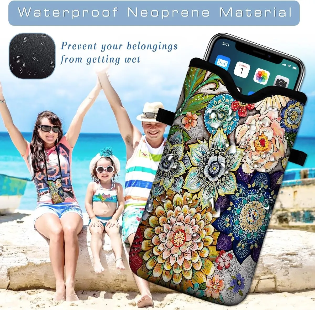 Universal Neoprene Cell Phone Pouch 7.1 X 4 in Mobile Protection Case Bag with Crossbody Strap/Neck Lanyard Mandala Flower Printed Pattern