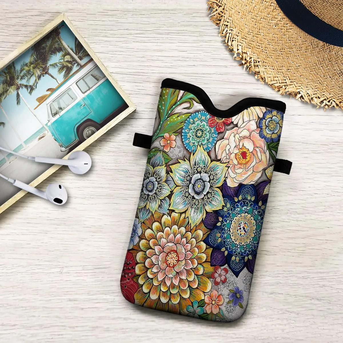 Universal Neoprene Cell Phone Pouch 7.1 X 4 in Mobile Protection Case Bag with Crossbody Strap/Neck Lanyard Mandala Flower Printed Pattern
