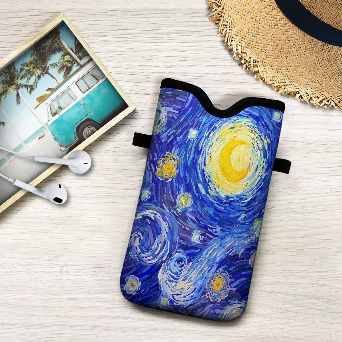 Universal Neoprene Cell Phone Pouch 7.1 X 4 in Mobile Protection Case Bag with Crossbody Strap/Neck Lanyard Starry Night Printed Pattern