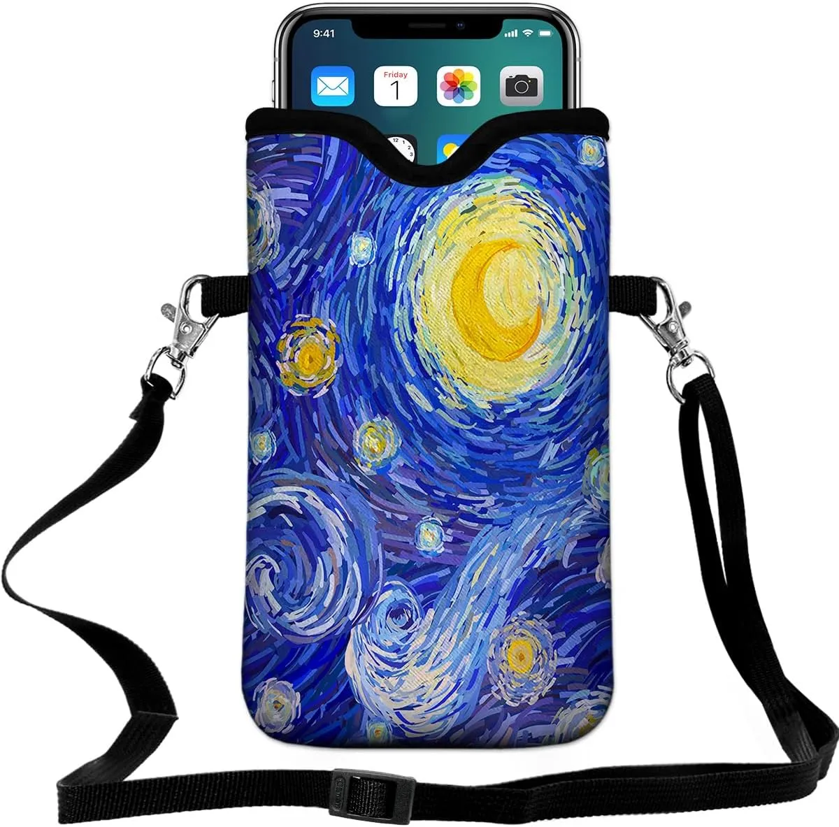Universal Neoprene Cell Phone Pouch 7.1 X 4 in Mobile Protection Case Bag with Crossbody Strap/Neck Lanyard Starry Night Printed Pattern