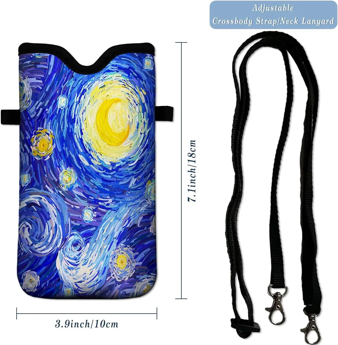 Universal Neoprene Cell Phone Pouch 7.1 X 4 in Mobile Protection Case Bag with Crossbody Strap/Neck Lanyard Starry Night Printed Pattern