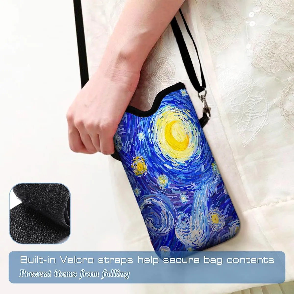 Universal Neoprene Cell Phone Pouch 7.1 X 4 in Mobile Protection Case Bag with Crossbody Strap/Neck Lanyard Starry Night Printed Pattern