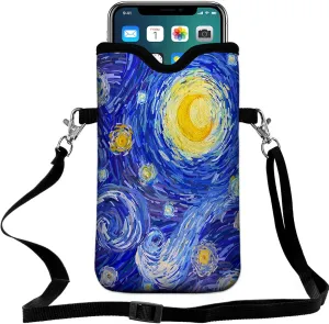 Universal Neoprene Cell Phone Pouch 7.1 X 4 in Mobile Protection Case Bag with Crossbody Strap/Neck Lanyard Starry Night Printed Pattern