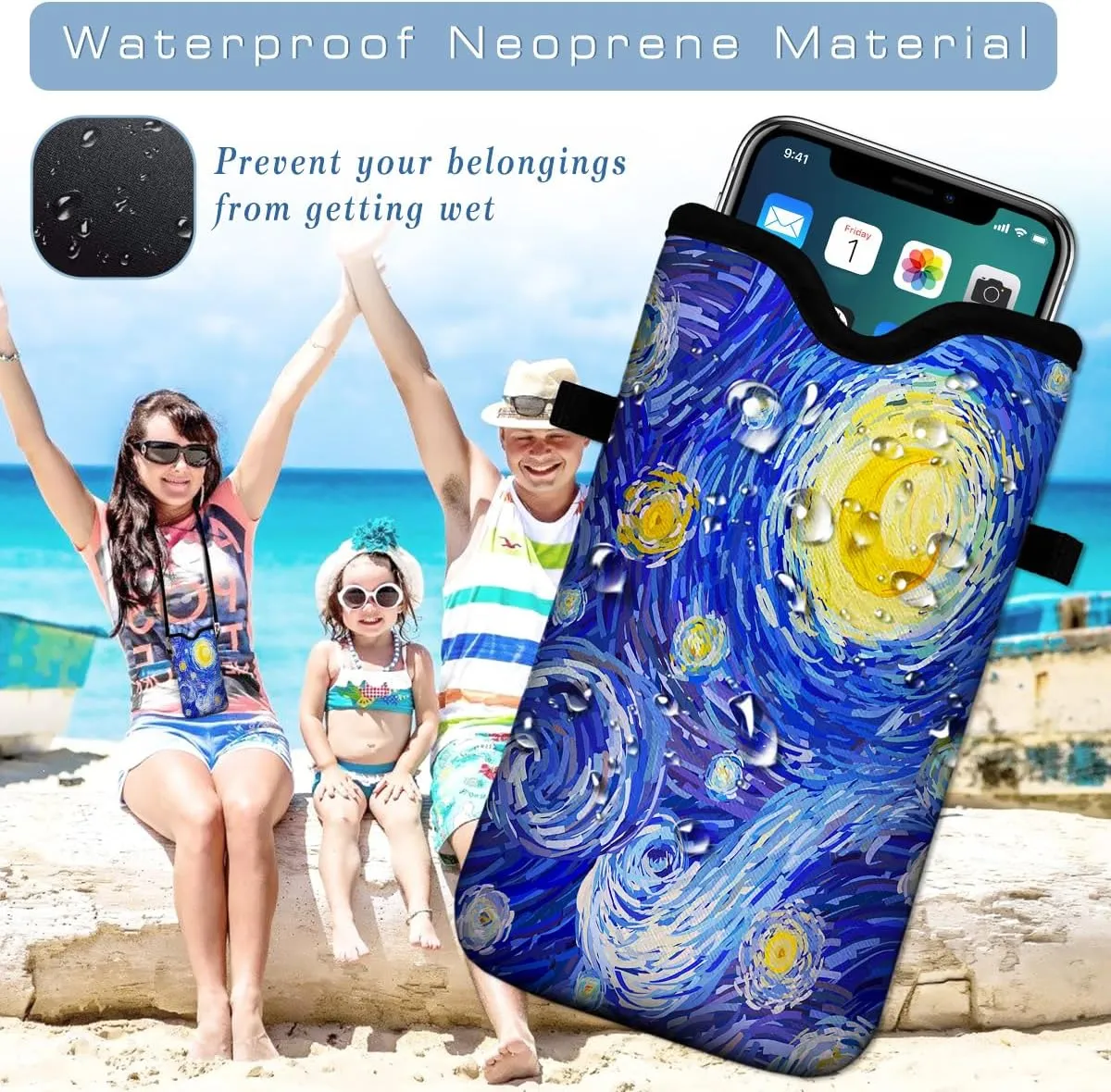 Universal Neoprene Cell Phone Pouch 7.1 X 4 in Mobile Protection Case Bag with Crossbody Strap/Neck Lanyard Starry Night Printed Pattern