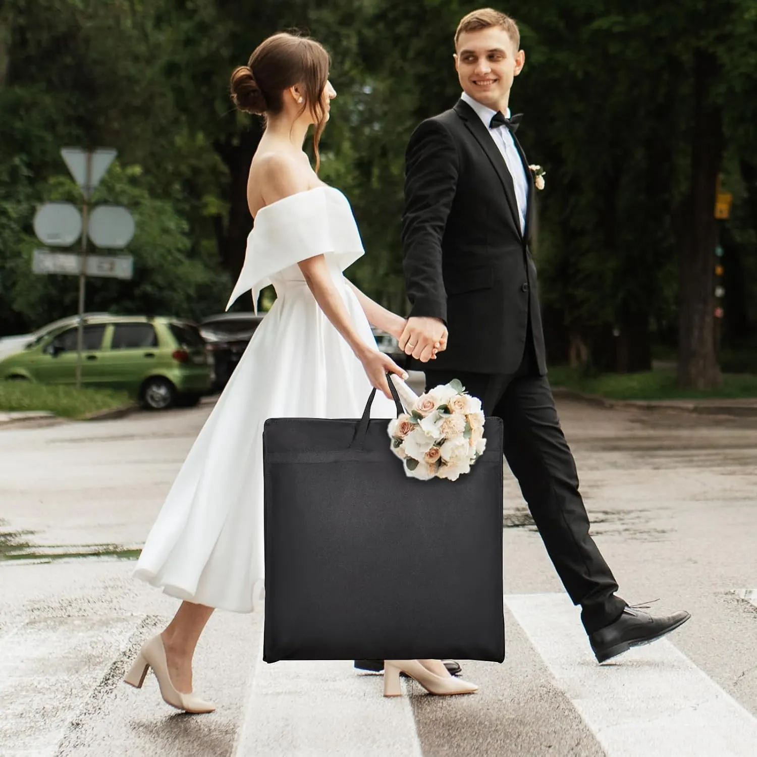 Univivi Wedding Dress Garment Bag, 72 Inch Trifold Bridal Dress Bags for Gowns with 12'' Gusseted and Accessory Pockets, Wedding Dress Bag for Travel and Closet Storage (Black)