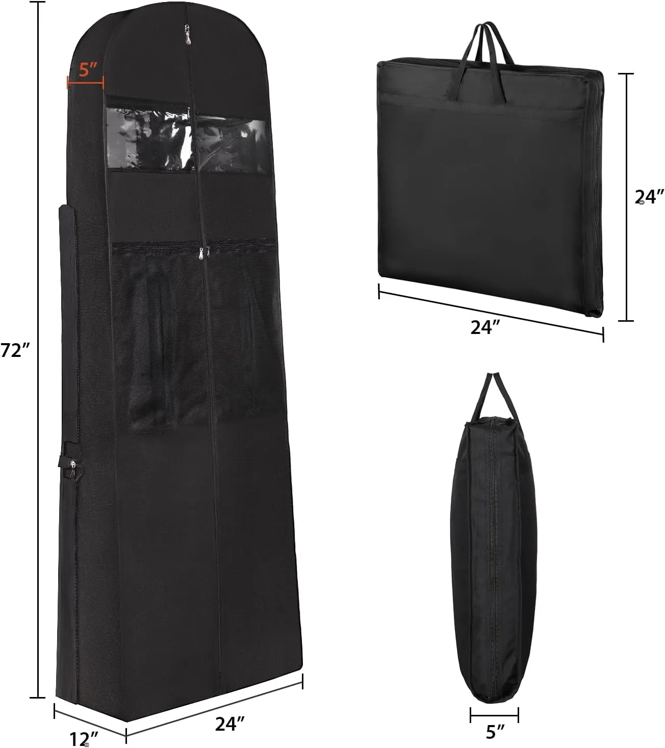 Univivi Wedding Dress Garment Bag, 72 Inch Trifold Bridal Dress Bags for Gowns with 12'' Gusseted and Accessory Pockets, Wedding Dress Bag for Travel and Closet Storage (Black)