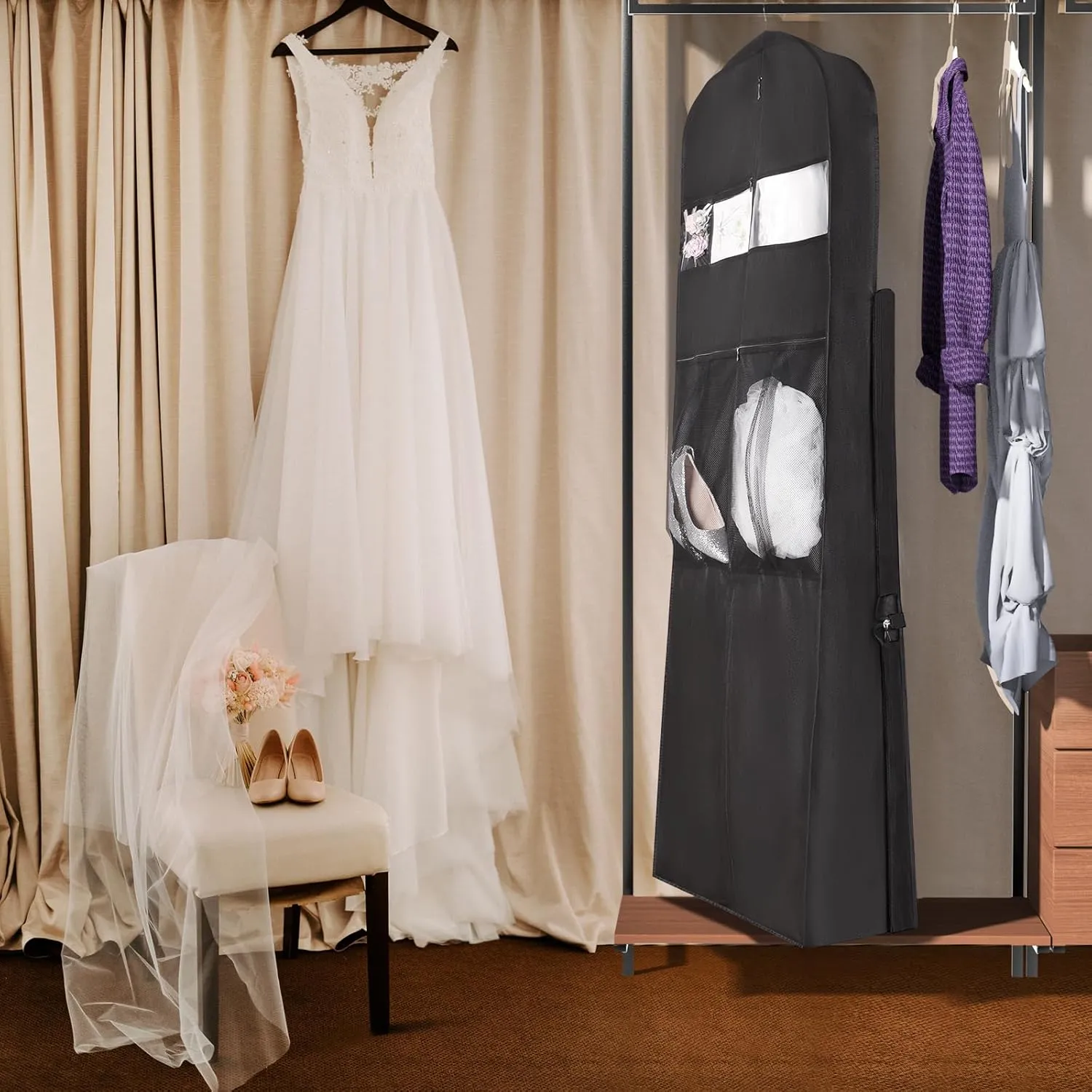 Univivi Wedding Dress Garment Bag, 72 Inch Trifold Bridal Dress Bags for Gowns with 12'' Gusseted and Accessory Pockets, Wedding Dress Bag for Travel and Closet Storage (Black)