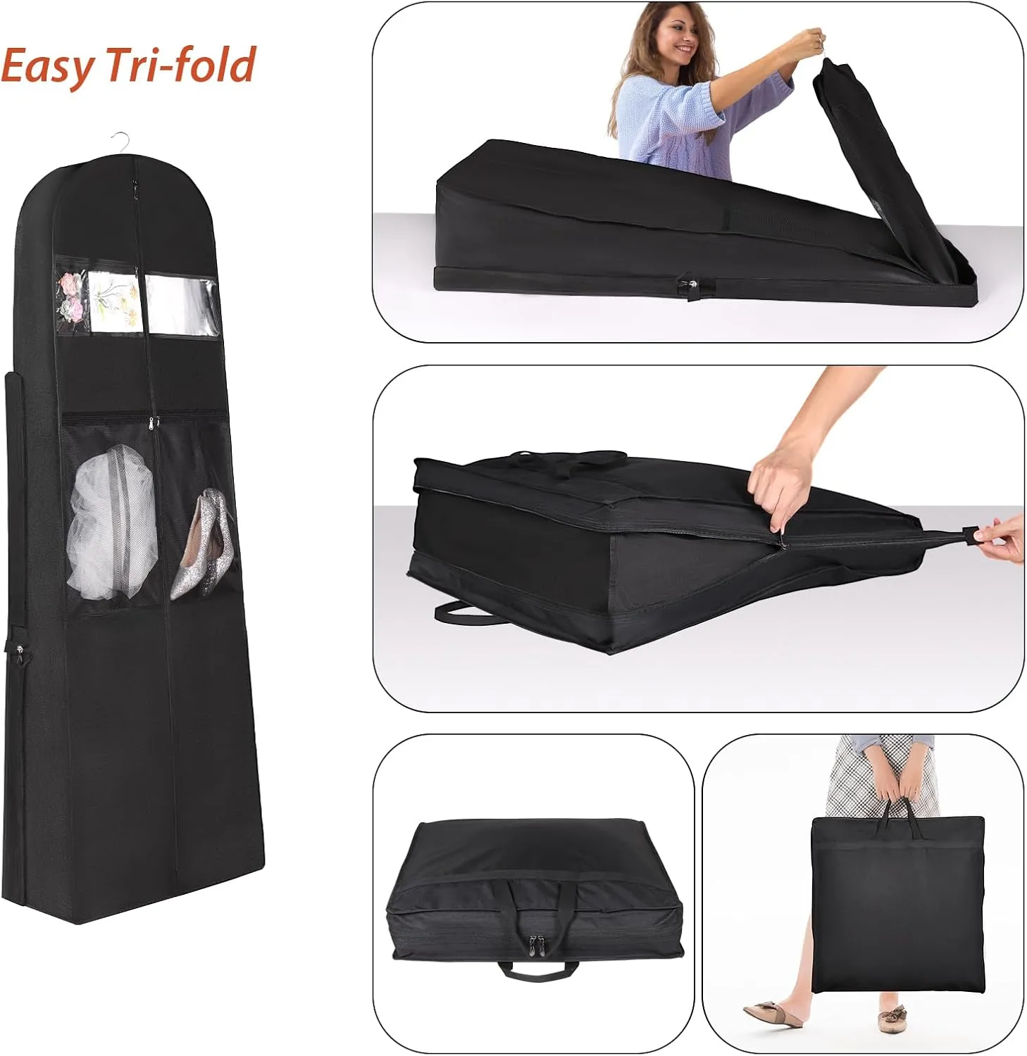 Univivi Wedding Dress Garment Bag, 72 Inch Trifold Bridal Dress Bags for Gowns with 12'' Gusseted and Accessory Pockets, Wedding Dress Bag for Travel and Closet Storage (Black)